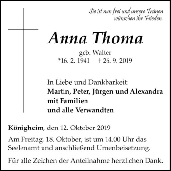 Traueranzeige von Anna Thoma von Fränkische Nachrichten