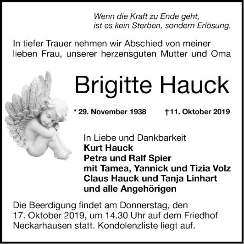  Traueranzeige für Brigitte Hauck vom 15.10.2019 aus Mannheimer Morgen