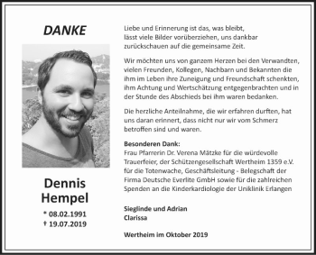 Traueranzeige von Dennis Hempel von Fränkische Nachrichten