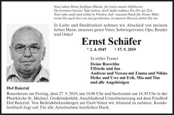 Traueranzeige von Ernst Schäfer von Fränkische Nachrichten