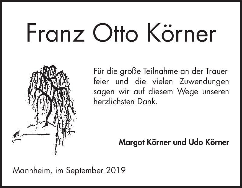  Traueranzeige für Franz Otto Körner vom 21.09.2019 aus Mannheimer Morgen