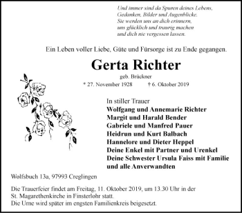 Traueranzeige von Gerta Richter von Fränkische Nachrichten