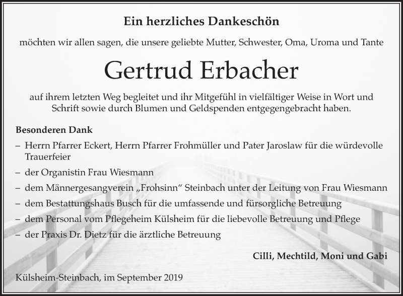  Traueranzeige für Gertrud Erbacher vom 21.09.2019 aus Fränkische Nachrichten