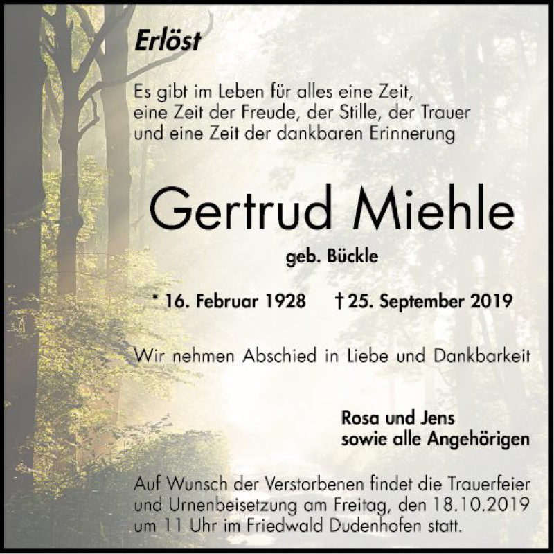  Traueranzeige für Gertrud Miehle vom 04.10.2019 aus Schwetzinger Zeitung