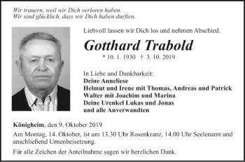 Traueranzeige von Gotthard Trabold von Fränkische Nachrichten