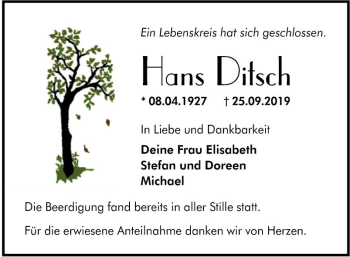 Traueranzeige von Hans Ditsch von Südhessen Morgen