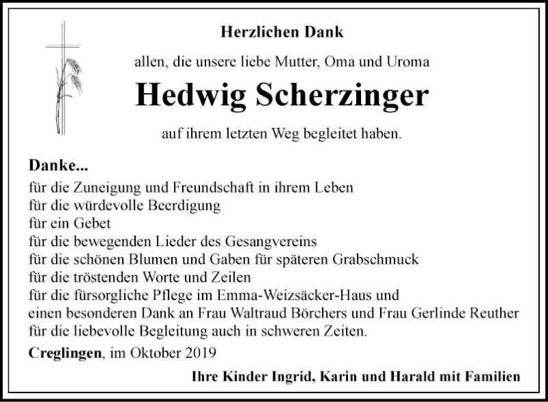  Traueranzeige für Hedwig Scherzinger vom 05.10.2019 aus Fränkische Nachrichten