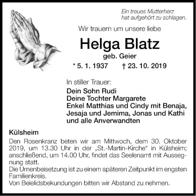  Traueranzeige für Helga Blatz vom 26.10.2019 aus Fränkische Nachrichten