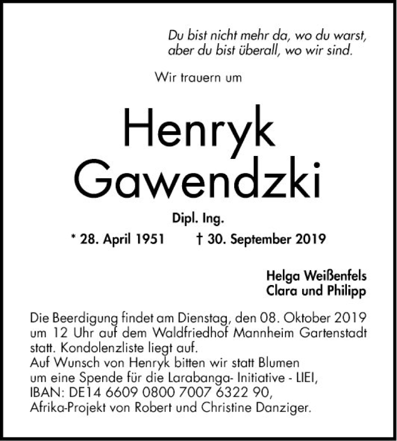  Traueranzeige für Henryk Gawendzki vom 05.10.2019 aus Mannheimer Morgen