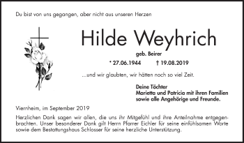 Traueranzeige von Hilde Weyhrich von Mannheimer Morgen