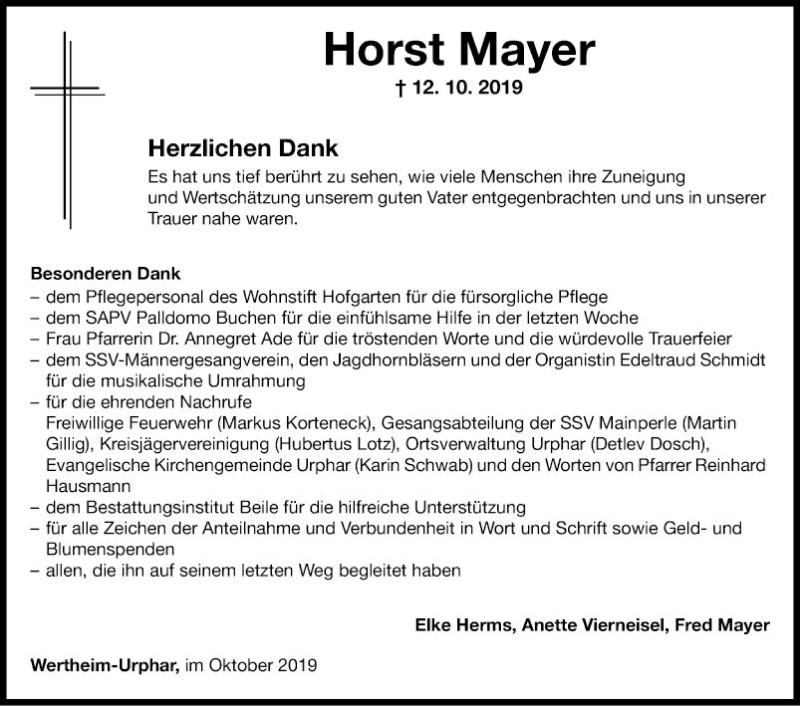  Traueranzeige für Horst Mayer vom 26.10.2019 aus Fränkische Nachrichten