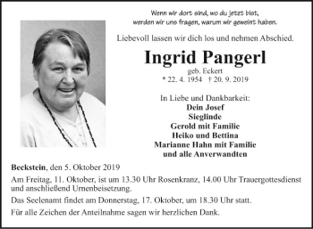 Traueranzeige von Ingrid Pangerl von Fränkische Nachrichten
