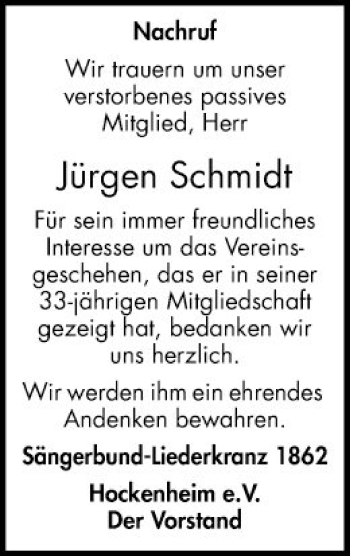 Traueranzeige von Jürgen Schmidt von Schwetzinger Zeitung