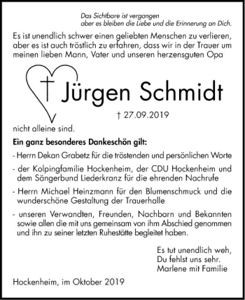Traueranzeige von Jürgen Schmidt von Schwetzinger Zeitung