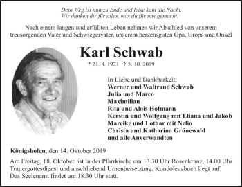 Traueranzeige von Karl Schwab von Fränkische Nachrichten