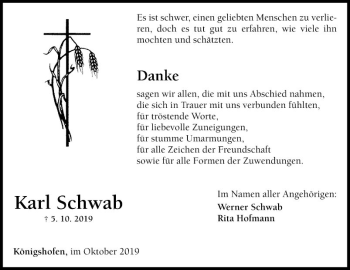 Traueranzeige von Karl Schwab von Fränkische Nachrichten