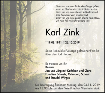 Traueranzeige von Karl Zink von Südhessen Morgen