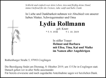 Traueranzeige von Lydia Rollmann von Fränkische Nachrichten