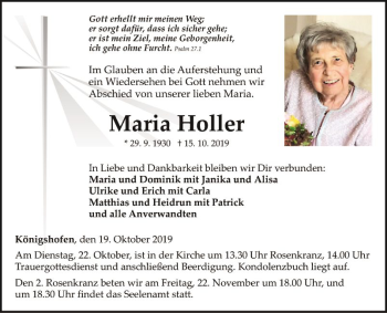 Traueranzeige von Maria Holler von Fränkische Nachrichten