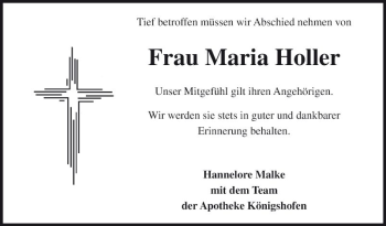 Traueranzeige von Maria Holler von Fränkische Nachrichten