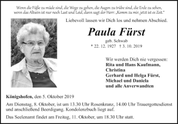 Traueranzeige von Paula Fürst von Fränkische Nachrichten