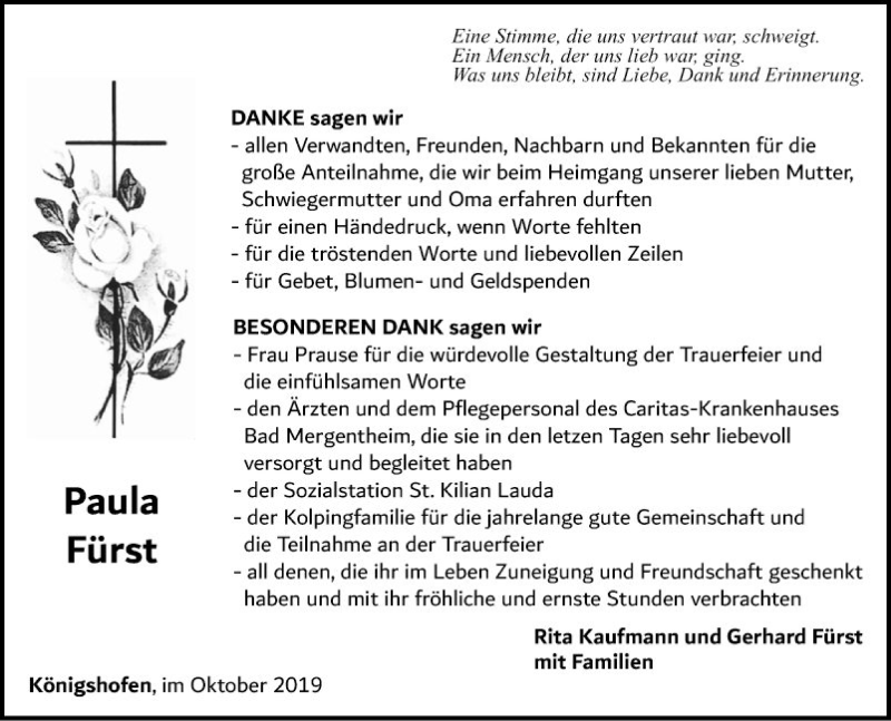  Traueranzeige für Paula Fürst vom 26.10.2019 aus Fränkische Nachrichten