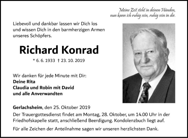  Traueranzeige für Richard Konrad vom 25.10.2019 aus Fränkische Nachrichten