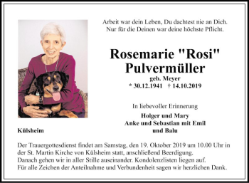 Traueranzeige von Rosemarie Pulvermüller von Fränkische Nachrichten