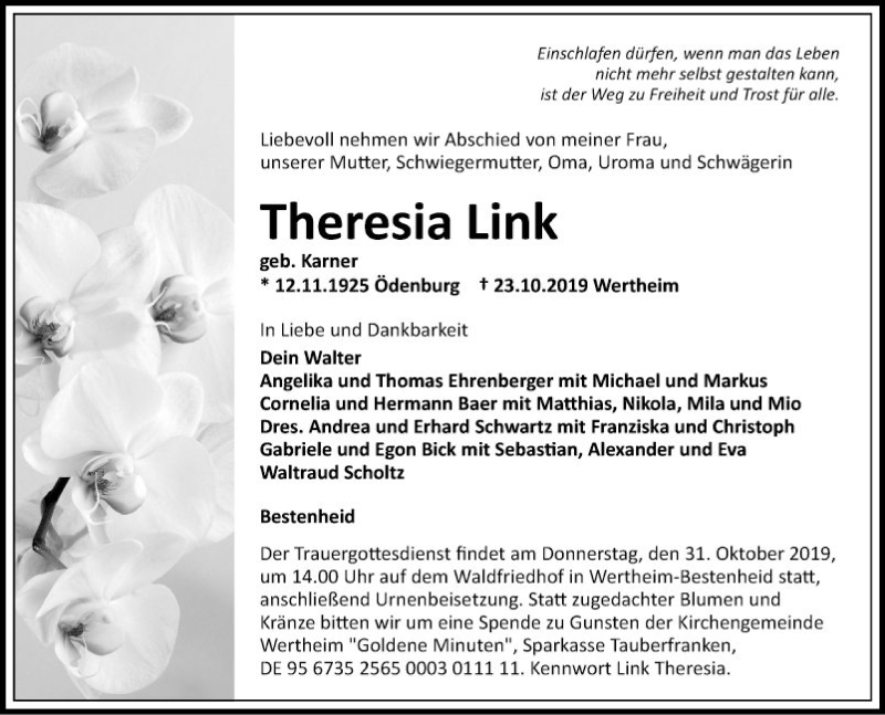  Traueranzeige für Theresia Link vom 26.10.2019 aus Fränkische Nachrichten