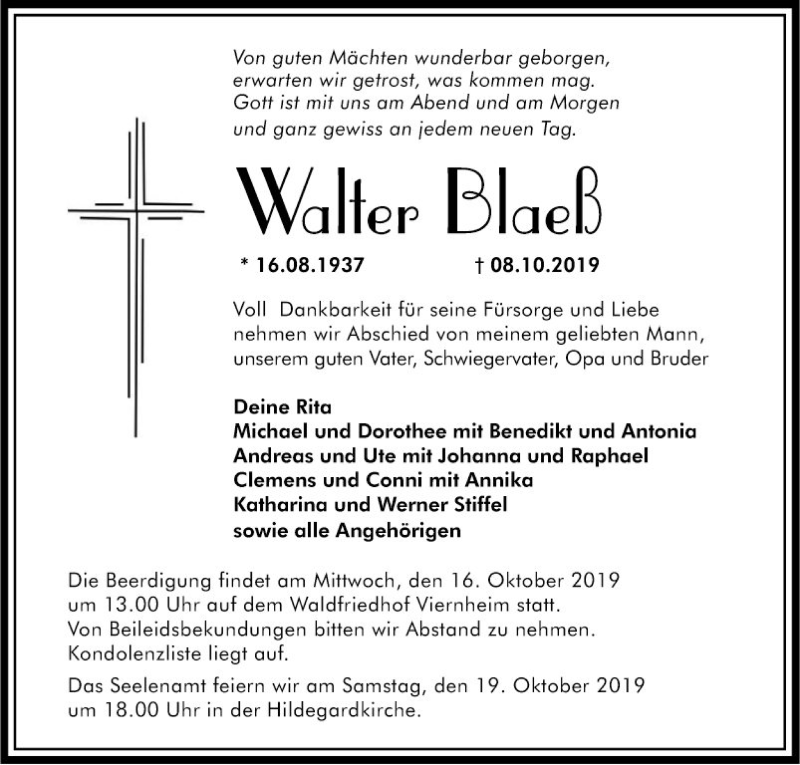  Traueranzeige für Walter Blaeß vom 12.10.2019 aus Südhessen Morgen