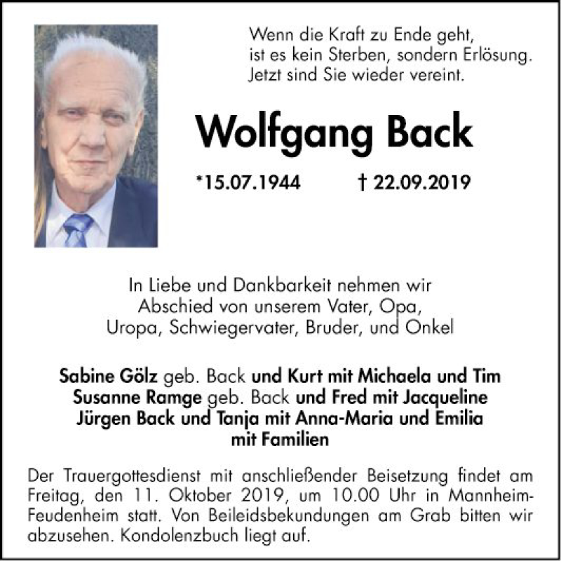  Traueranzeige für Wolfgang Back vom 05.10.2019 aus Mannheimer Morgen