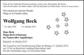 Traueranzeige von Wolfgang Beck von Fränkische Nachrichten