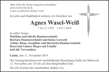 Traueranzeige von Agnes Wasel-Weiß von Fränkische Nachrichten