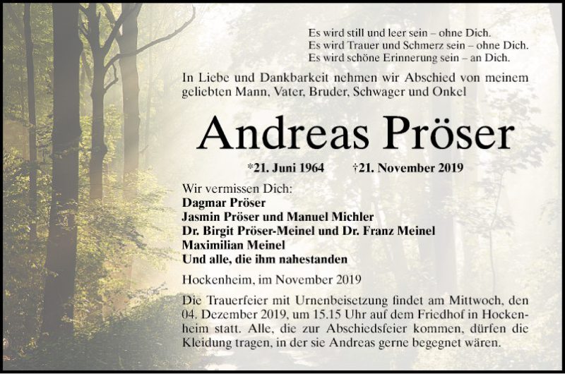  Traueranzeige für Andreas Pröser vom 29.11.2019 aus Schwetzinger Zeitung