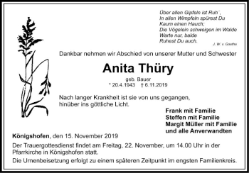 Traueranzeige von Anita Thüry von Fränkische Nachrichten