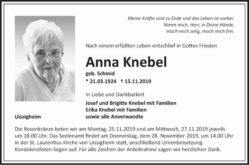  Traueranzeige für Anna Knebel vom 23.11.2019 aus Fränkische Nachrichten