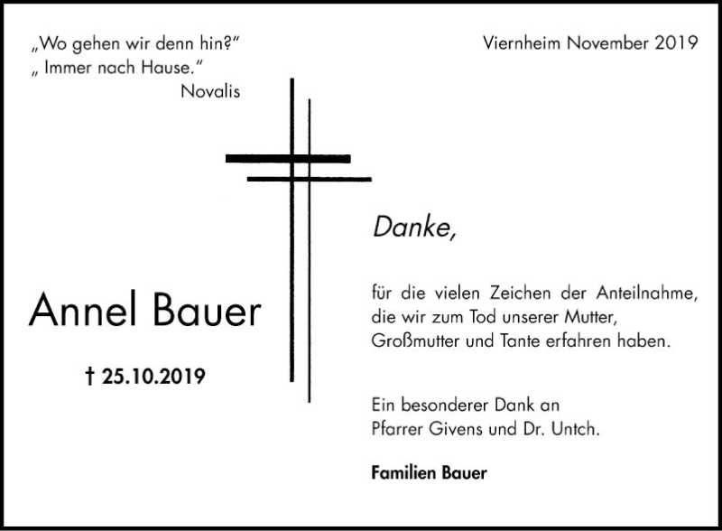  Traueranzeige für Annel Bauer vom 23.11.2019 aus Südhessen Morgen