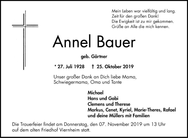  Traueranzeige für Annel Bauer vom 02.11.2019 aus Südhessen Morgen