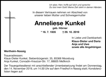 Traueranzeige von Anneliese Kunkel von Fränkische Nachrichten