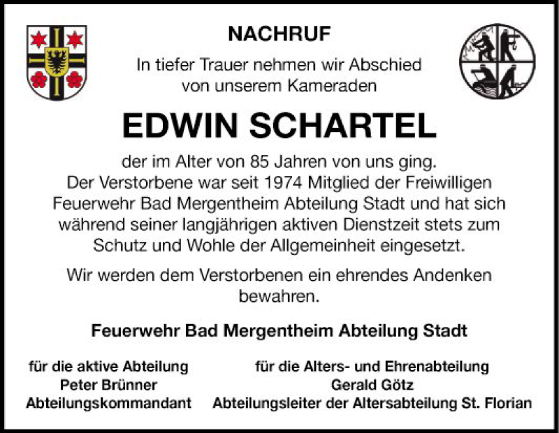  Traueranzeige für Edwin Schartel vom 25.11.2019 aus Fränkische Nachrichten