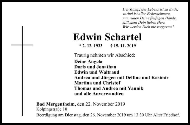  Traueranzeige für Edwin Schartel vom 22.11.2019 aus Fränkische Nachrichten