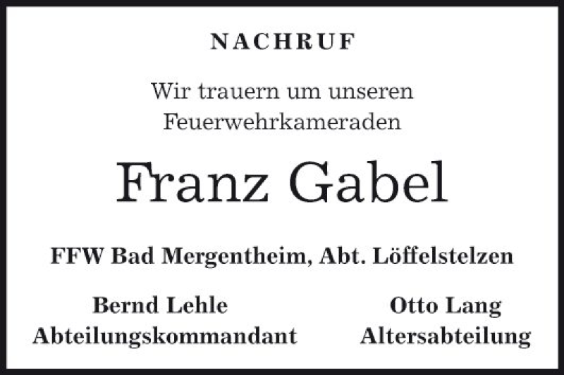  Traueranzeige für Franz Gabel vom 21.11.2019 aus Fränkische Nachrichten