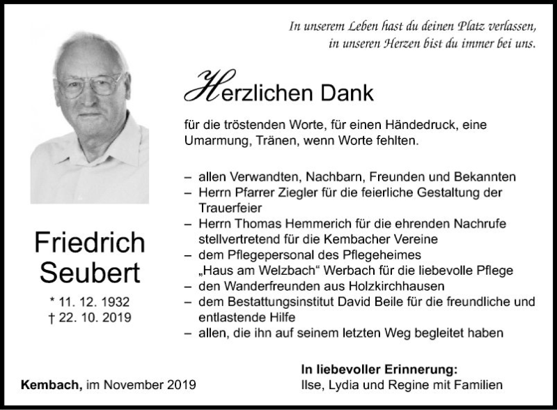  Traueranzeige für Friedrich Seubert vom 09.11.2019 aus Fränkische Nachrichten