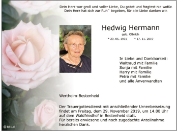Traueranzeige von Hedwig Hermann von Fränkische Nachrichten