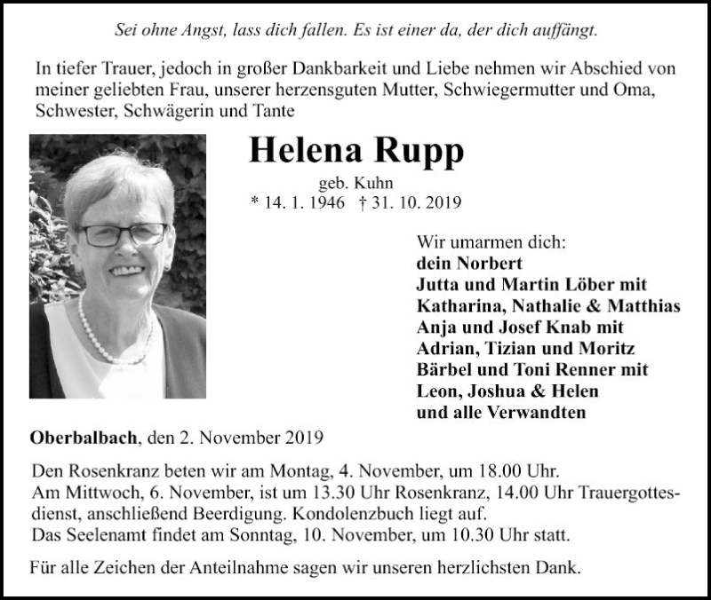  Traueranzeige für Helena Rupp vom 02.11.2019 aus Fränkische Nachrichten