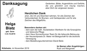 Traueranzeige von Helga Blatz von Fränkische Nachrichten