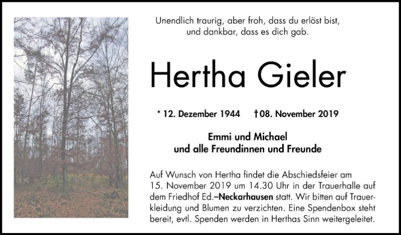  Traueranzeige für Hertha Gieler vom 13.11.2019 aus Mannheimer Morgen