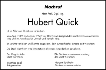 Traueranzeige von Hubert Quick von Mannheimer Morgen