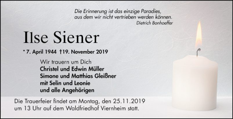  Traueranzeige für Ilse Siener vom 22.11.2019 aus Südhessen Morgen