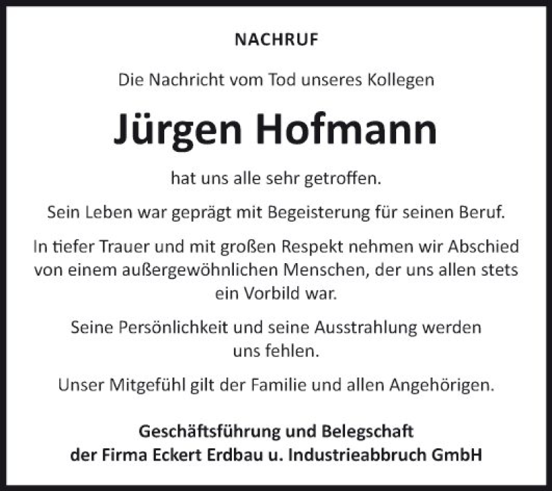  Traueranzeige für Jürgen Hofmann vom 23.11.2019 aus Fränkische Nachrichten